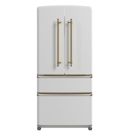 FORNO Espresso Luigi 33" 18 cu. ft. French Door Refrigerator in White with Antique Brass Handles, FFFFD1791-33WHT