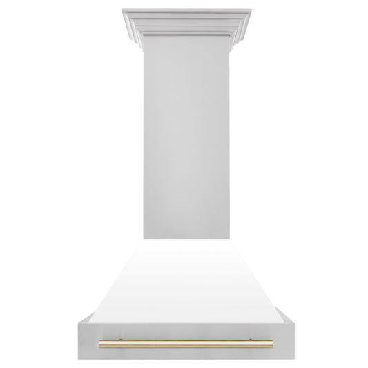 ZLINE 30 Inch Autograph Edition Range Hood with White Matte Shell and Champagne Bronze Handle, 8654STZ-WM30-CB