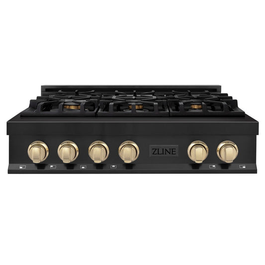ZLINE Autograph Edition 36 in. Legacy Gas Rangetop with 6 Burners and Porcelain Cooktop in Black Stainless Steel with Polished Gold Accents (RTBZ-36-G)