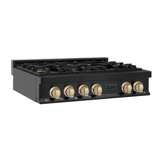 ZLINE Autograph Edition 36 in. Legacy Gas Rangetop with 6 Burners and Porcelain Cooktop in Black Stainless Steel with Polished Gold Accents (RTBZ-36-G)