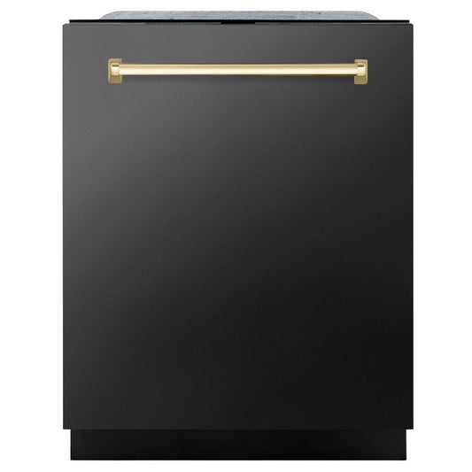 ZLINE Autograph Edition 24 in. Monument Series 3rd Rack Top Touch Control Tall Tub Dishwasher in Black Stainless Steel with Polished Gold Handle, 45dBa (DWMTZ-BS-24-G)