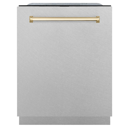 ZLINE Autograph Edition 24 in. Monument Series 3rd Rack Top Control Tall Tub Dishwasher in Fingerprint Resistant Stainless Steel with Polished Gold Accents, 45dBa (DWMTZ-SN-24-G)