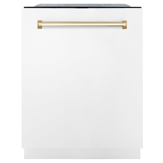 ZLINE Autograph Edition 24 in. Monument Series 3rd Rack Top Touch Control Tall Tub Dishwasher in White Matte with Polished Gold Accent Handle, 45dBa (DWMTZ-WM-24-G)