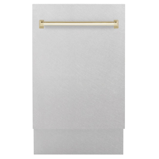 ZLINE Autograph Edition 18 in. Compact 3rd Rack Top Control Dishwasher in Fingerprint Resistant Stainless Steel with Polished Gold Accent Handle, 51dBa (DWVZ-SN-18-G)