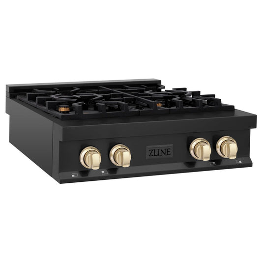 ZLINE Autograph Edition 30 in. Legacy Gas Rangetop with 4 Burners and Porcelain Cooktop in Black Stainless Steel with Polished Gold Accents (RTBZ-30-G)