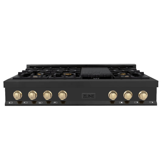 ZLINE Autograph Edition 48 in. Legacy Gas Rangetop with 7 Burners and Porcelain Cooktop in Black Stainless Steel with Polished Gold Accents (RTBZ-48-G)