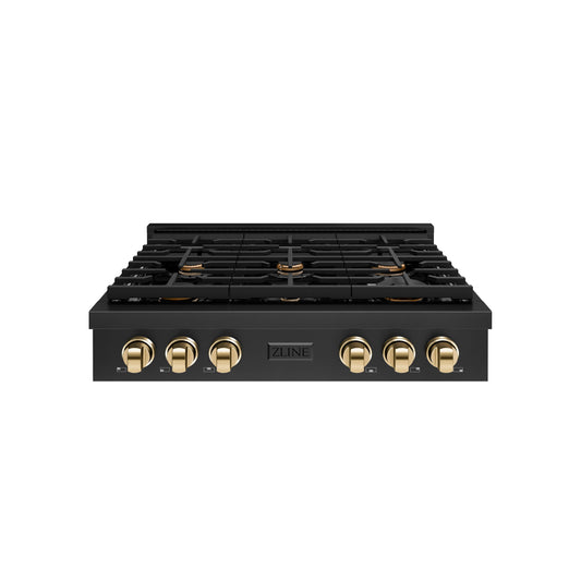 ZLINE Autograph Edition 36 in. Paramount Gas Rangetop with 6 Burners and Porcelain Cooktop in Black Stainless Steel with Polished Gold Accents (SRTBZ-36-G)