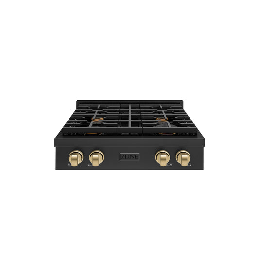 ZLINE Autograph Edition 30 in. Paramount Gas Rangetop with 4 Burners and Porcelain Cooktop in Black Stainless Steel with Champagne Bronze Accents (SRTBZ-30-CB)