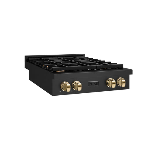 ZLINE Autograph Edition 30 in. Paramount Gas Rangetop with 4 Burners and Porcelain Cooktop in Black Stainless Steel with Polished Gold Accents (SRTBZ-30-G)