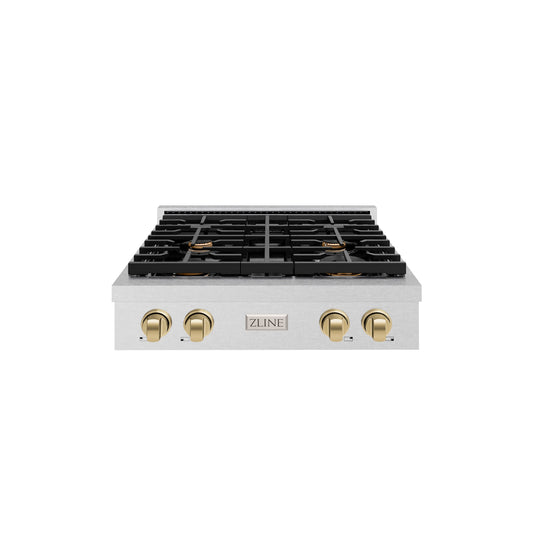 ZLINE Autograph Edition 30 in. Paramount Gas Rangetop with 4 Burners and Porcelain Cooktop in DuraSnow® Stainless Steel with Champagne Bronze Accents (SRTSZ-30-CB)