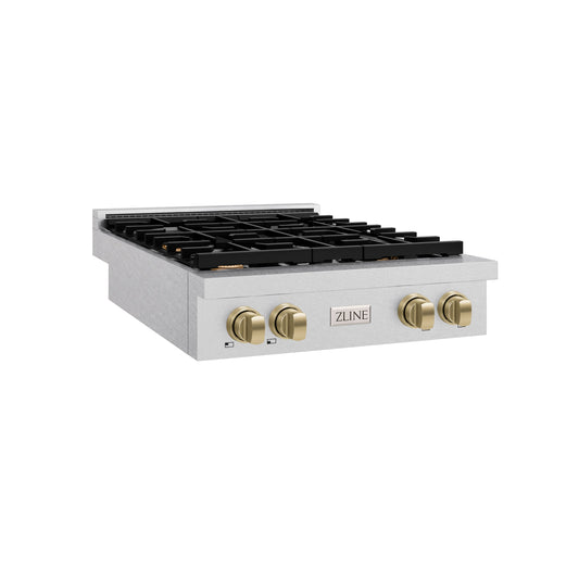 ZLINE Autograph Edition 30 in. Paramount Gas Rangetop with 4 Burners and Porcelain Cooktop in DuraSnow® Stainless Steel with Champagne Bronze Accents (SRTSZ-30-CB)
