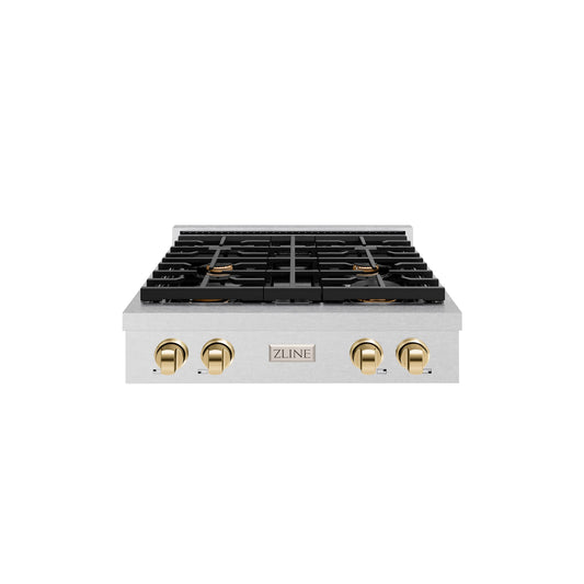 ZLINE Autograph Edition 30 in. Paramount Gas Rangetop with 4 Burners and Porcelain Cooktop in DuraSnow® Stainless Steel with Polished Gold Accents (SRTSZ-30-G)