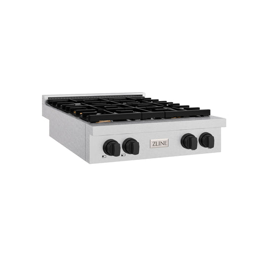 ZLINE Autograph Edition 30 in. Paramount Gas Rangetop with 4 Burners and Porcelain Cooktop in DuraSnow® Stainless Steel with Matte Black Accents (SRTSZ-30-MB)