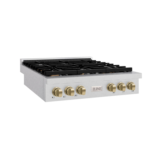ZLINE Autograph Edition 36 in. Paramount Gas Rangetop with 6 Burners and Porcelain Cooktop in DuraSnow® Stainless Steel with Champagne Bronze Accents (SRTSZ-36-CB)