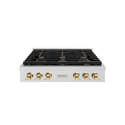ZLINE Autograph Edition 36 in. Paramount Gas Rangetop with 6 Burners and Porcelain Cooktop in DuraSnow® Stainless Steel with Polished Gold Accents (SRTSZ-36-G)