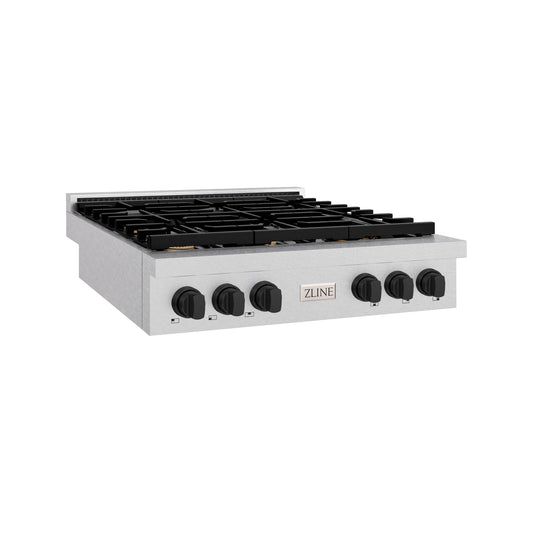 ZLINE Autograph Edition 36 in. Paramount Gas Rangetop with 6 Burners and Porcelain Cooktop in DuraSnow® Stainless Steel with Matte Black Accents (SRTSZ-36-MB)