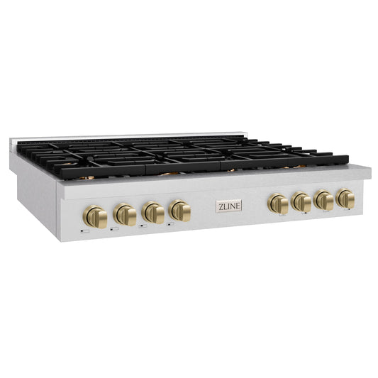 ZLINE Autograph Edition 48 in. Paramount Gas Rangetop with 8 Burners and Porcelain Cooktop in DuraSnow® Stainless Steel with Champagne Bronze Accents (SRTSZ-48-CB)