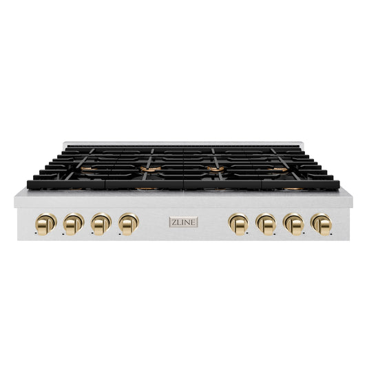 ZLINE Autograph Edition 48 in. Paramount Gas Rangetop with 8 Burners and Porcelain Cooktop in DuraSnow® Stainless Steel with Polished Gold Accents (SRTSZ-48-G)