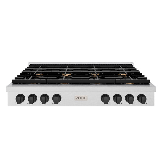 ZLINE Autograph Edition 48 in. Paramount Gas Rangetop with 8 Burners and Porcelain Cooktop in DuraSnow® Stainless Steel with Matte Black Accents (SRTSZ-48-MB)