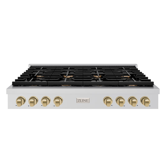 ZLINE Autograph Edition 48 in. Paramount Gas Rangetop with 8 Burners and Porcelain Cooktop in Stainless Steel with Champagne Bronze Accents (SRTZ-48-CB)