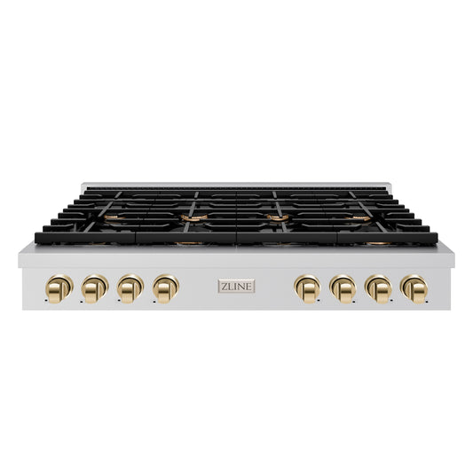 ZLINE Autograph Edition 48 in. Paramount Gas Rangetop with 8 Burners and Porcelain Cooktop in Stainless Steel with Polished Gold Accents (SRTZ-48-G)