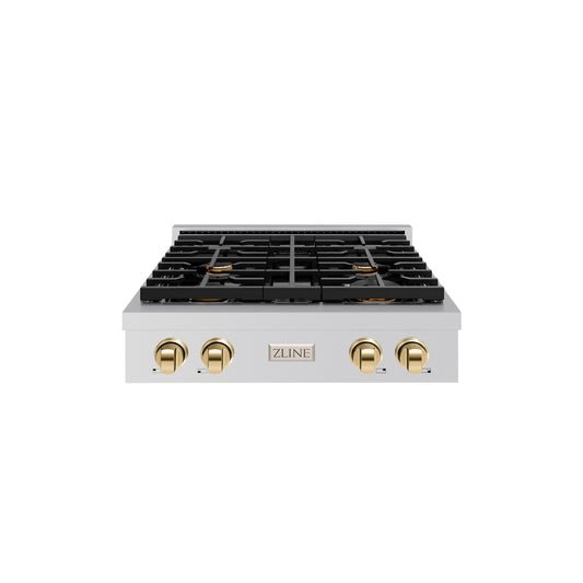 ZLINE Autograph Edition 30 in. Paramount Gas Rangetop with 4 Burners and Porcelain Cooktop in Stainless Steel with Polished Gold Accents (SRTZ-30-G)