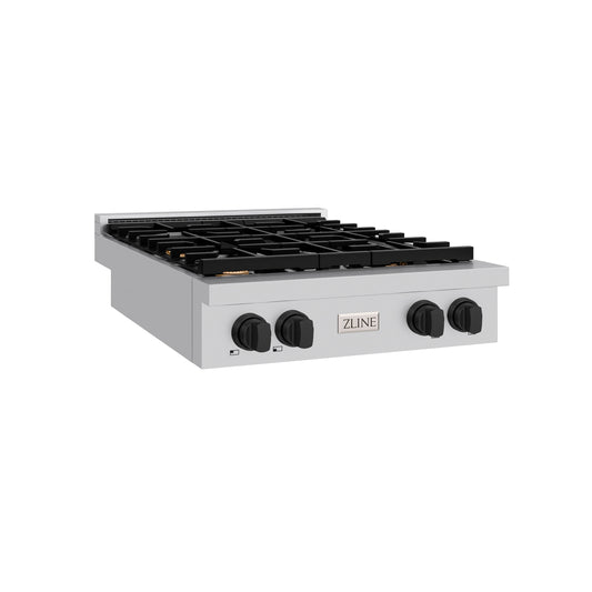 ZLINE Autograph Edition 30 in. Paramount Gas Rangetop with 4 Burners and Porcelain Cooktop in Stainless Steel with Matte Black Accents (SRTZ-30-MB)