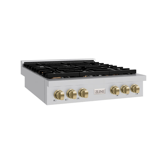 ZLINE Autograph Edition 36 in. Paramount Gas Rangetop with 6 Burners and Porcelain Cooktop in Stainless Steel with Champagne Bronze Accents (SRTZ-36-CB)