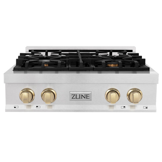 ZLINE Autograph Edition 30 in. Legacy Gas Rangetop with 4 Burners and Porcelain Cooktop in DuraSnow® Stainless Steel with Polished Gold Accents (RTSZ-30-G)