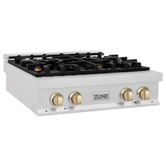 ZLINE Autograph Edition 30 in. Legacy Gas Rangetop with 4 Burners and Porcelain Cooktop in DuraSnow® Stainless Steel with Polished Gold Accents (RTSZ-30-G)