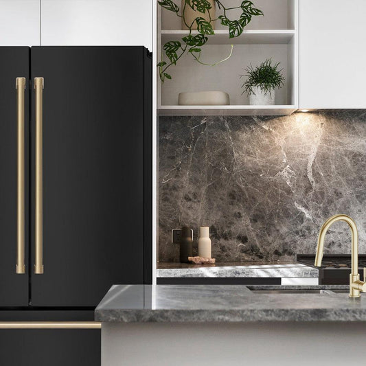 ZLINE Autograph Edition 36 in. 22.5 cu. ft. Counter-Depth French Door Refrigerator with Ice Maker in Fingerprint-Resistant Black Stainless Steel and Champagne Bronze Traditional Handles (RFMZ-36-BS-CB)