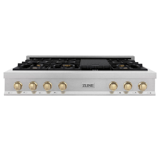 ZLINE Autograph Edition 48 in. Legacy Gas Rangetop with 7 Burners and Porcelain Cooktop in DuraSnow® Stainless Steel with Polished Gold Accents (RTSZ-48-G)