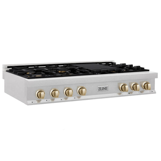 ZLINE Autograph Edition 48 in. Legacy Gas Rangetop with 7 Burners and Porcelain Cooktop in DuraSnow® Stainless Steel with Polished Gold Accents (RTSZ-48-G)