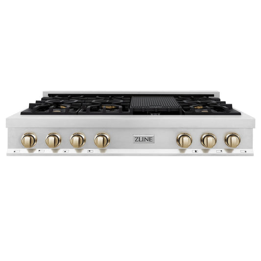 ZLINE Autograph Edition 48 in. Legacy Gas Rangetop with 7 Burners and Porcelain Cooktop in Stainless Steel with Polished Gold Accents (RTZ-48-G)